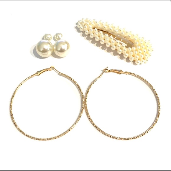 Earrings Barrette Set Gold Tone Faux Pearl - Picture 2 of 11